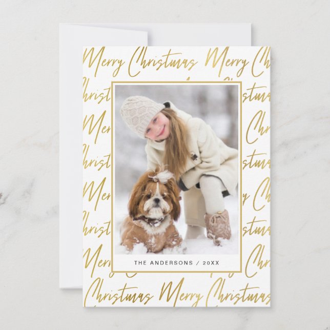 Merry Christmas Gold Elegant Photo Script Text Holiday Card (Front)