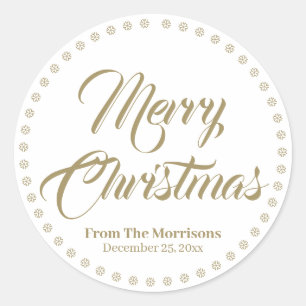 Merry Christmas gold elegant script custom name Classic Round Sticker