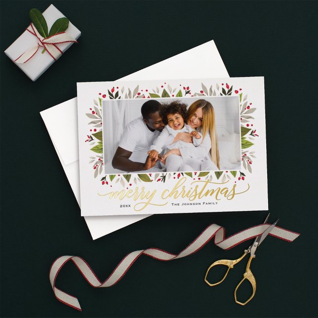Merry Christmas Gold Elegant Script Greenery Photo Foil Holiday Card (Creator Uploaded)
