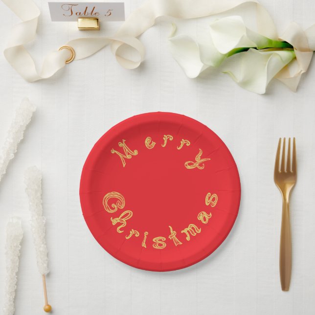 Merry Christmas Gold Fabric Font Red Paper Plate (Wedding)