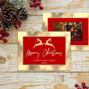 Merry Christmas Gold Family Photo Reindeer Red