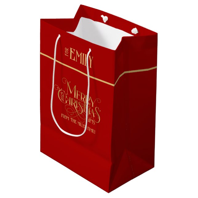 Merry Christmas Gold Fancy Typography Medium Gift Bag (Front Angled)