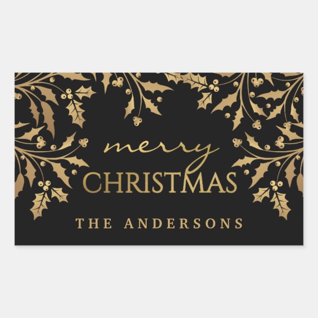 Merry Christmas Gold Faux Foil Holly Branches Rectangular Sticker (Front)