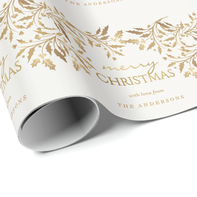 Merry Christmas Gold Faux Metallic Holly Garland Wrapping Paper (Roll Corner)