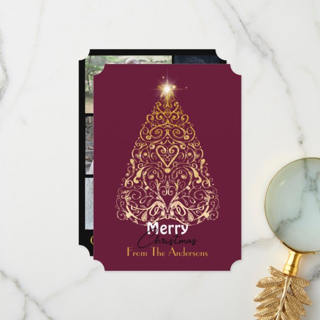  Merry Christmas gold filigree tree holiday card (Front/Back In Situ)