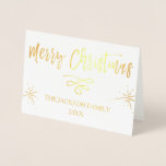 Merry Christmas Gold Foil and White Typography Foil Card<br><div class="desc">Merry Christmas with real Gold Foil on White Background Christmas Card. This card uses actual gold foil and allows you to customise the card with your Family Name and Year.</div>