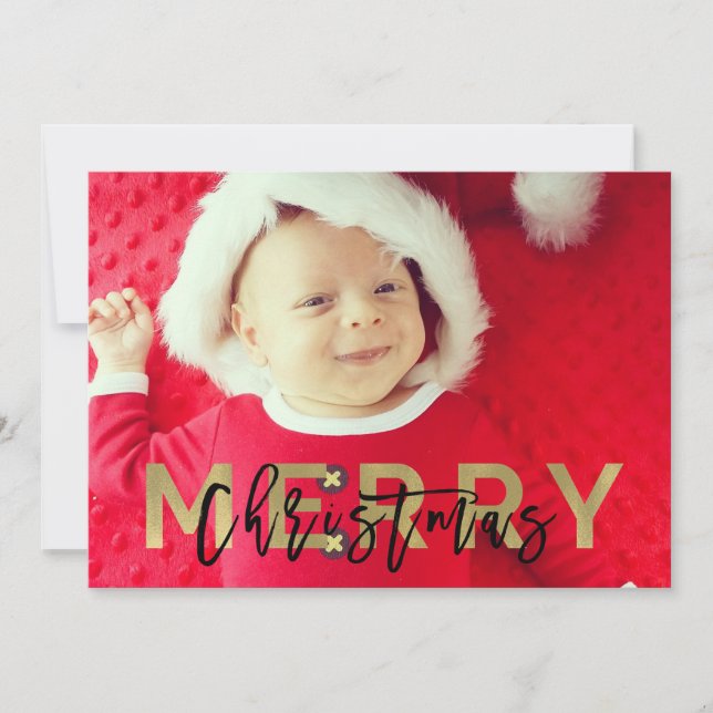 MERRY CHRISTMAS Gold Foil & Black Modern Photo Holiday Card (Front)