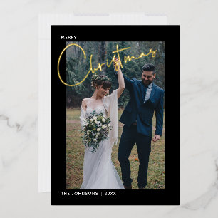 Merry Christmas Gold Foil Calligraphy Black Photo  Holiday Card