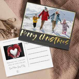 Merry Christmas Gold Foil Calligraphy & Photo Foil Holiday Postcard