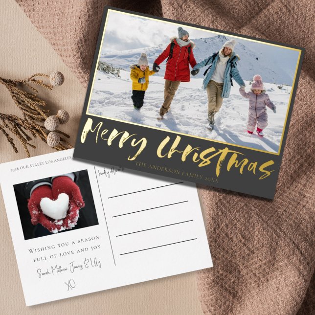 Merry Christmas Gold Foil Calligraphy & Photo Foil Holiday Postcard (Creator Uploaded)