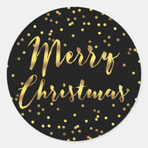 Merry Christmas Gold Foil Confetti Black Classic Round Sticker