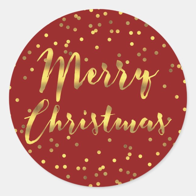 Merry Christmas Gold Foil Confetti Red Classic Round Sticker (Front)