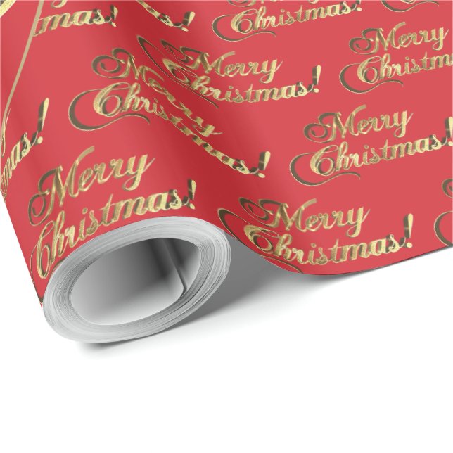 Merry Christmas Gold Foil Fire Engine Red Wrapping Paper (Roll Corner)
