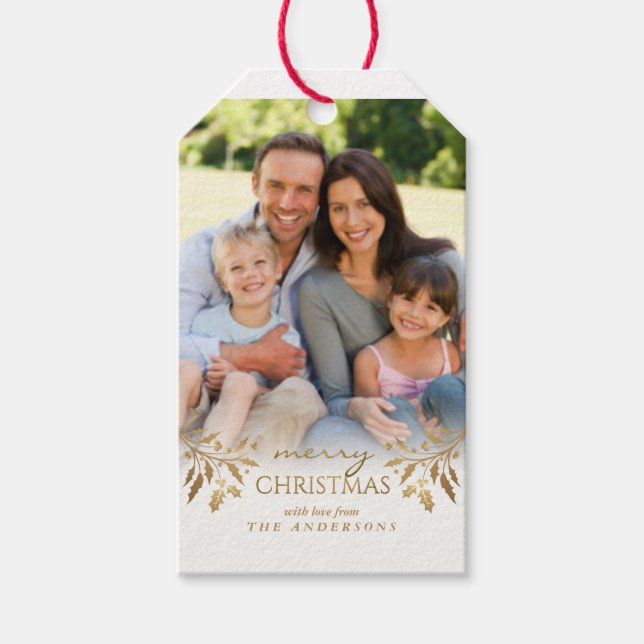 Merry Christmas Gold Foil Holly Holiday Photo Tag (Front)
