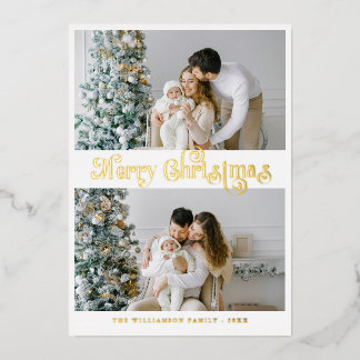 Merry Christmas Gold foil Lettering Photo  Foil Holiday Card