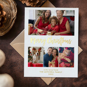 Merry Christmas   Gold Foil Multi Photo Grid Foil Holiday Postcard