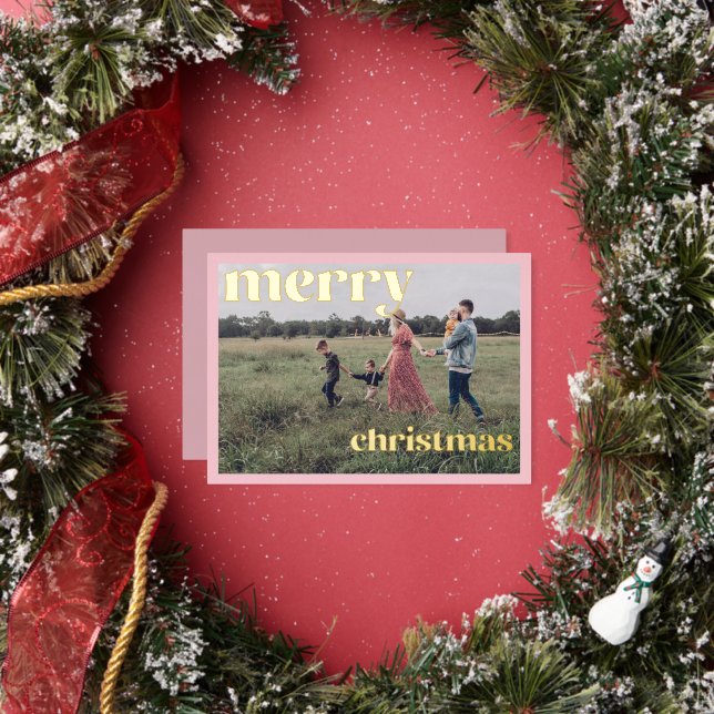 Merry Christmas Gold Foil Pink Photo Card (Insitu)