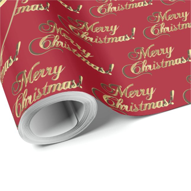 Merry Christmas Gold Foil Script Apple Red Wrapping Paper (Roll Corner)