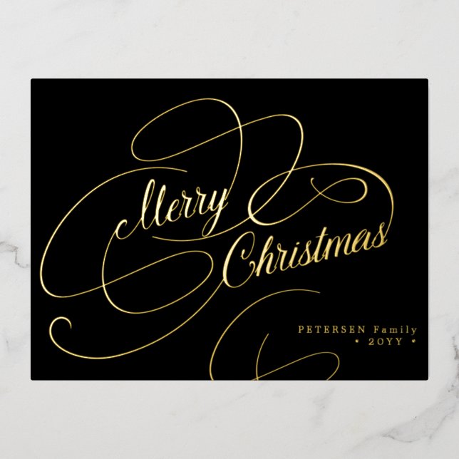 Merry Christmas gold foil script classic black Foil Holiday Postcard (Front)