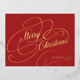 Merry Christmas gold foil script classic red Foil Holiday Postcard