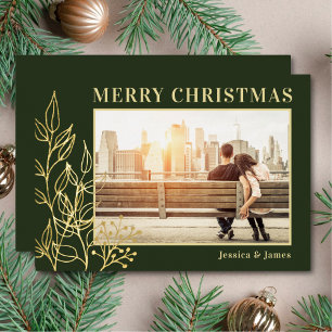 Merry Christmas Gold Foliage Photo Green  Foil Holiday Card