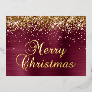 Merry Christmas Gold Glitter Burgundy Red Foil Holiday Postcard
