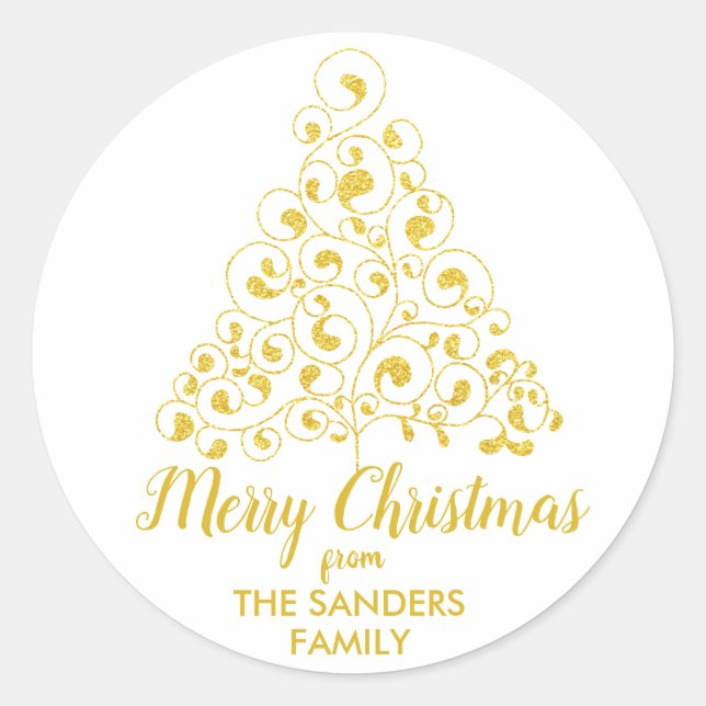 Merry Christmas Gold Glitter Christmas Tree Classic Round Sticker (Front)