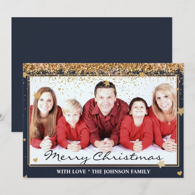 Merry Christmas Gold Glitter Frame Family Photo Holiday Card (Front/Back)