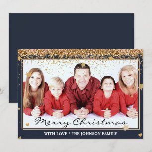 Merry Christmas Gold Glitter Frame Family Photo Holiday Card