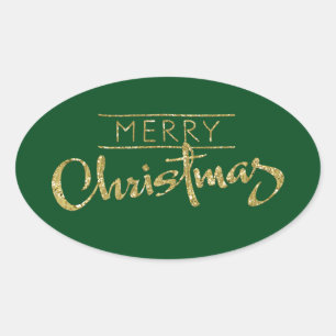 Merry Christmas Gold Glitter Look Oval Sticker