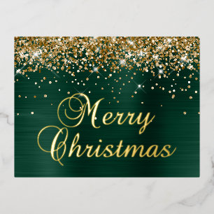 Merry Christmas Gold Glitter Pine Green Foil Holiday Postcard