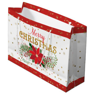 Merry Christmas Gold Glitter Poinsettia Large Gift Bag