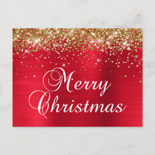 Merry Christmas Gold Glitter Red Foil Holiday Postcard