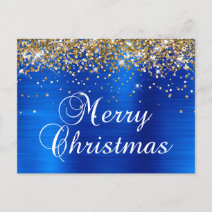 Merry Christmas Gold Glitter Royal Blue Foil Holiday Postcard