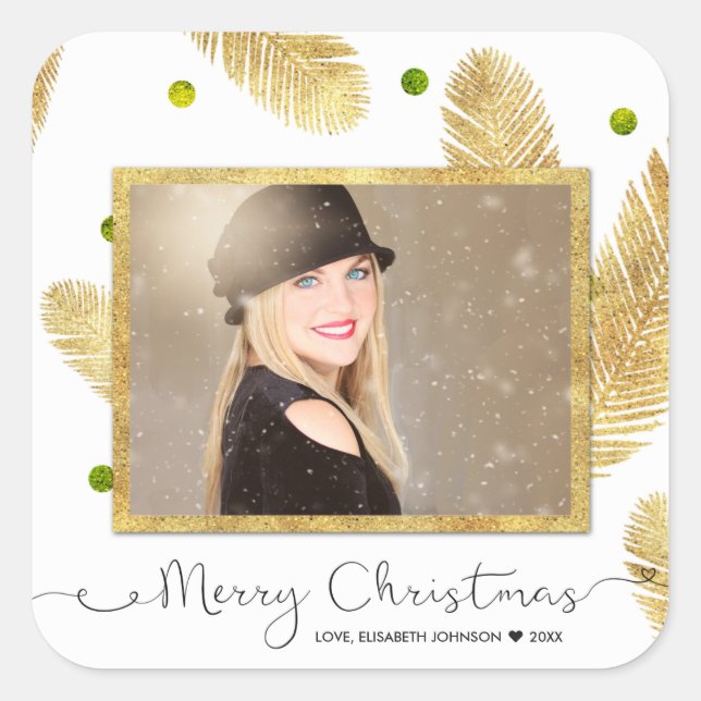 Merry Christmas Gold Glitter Script Photo Sticker (Front)