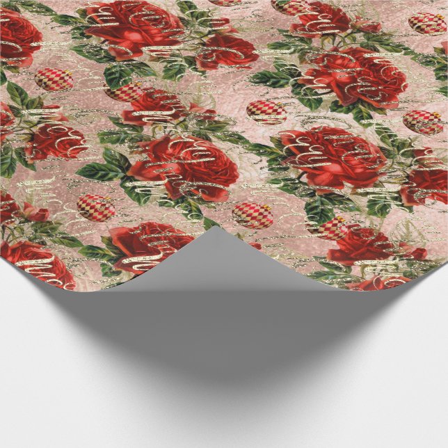 Merry Christmas Gold Glitter Script Rose Baubles Wrapping Paper (Corner)