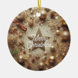 Merry Christmas Gold Glitter Star Ceramic Ornament