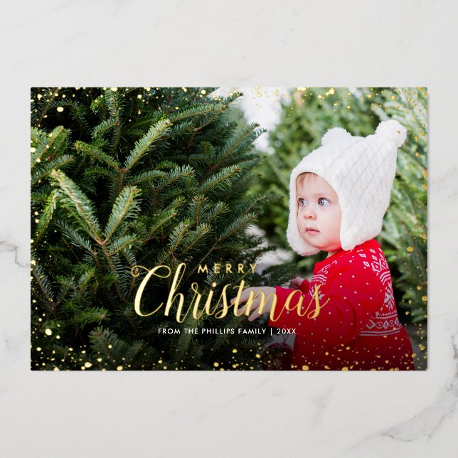 Merry Christmas | Gold Glitz Photo Overlay Foil Holiday Card (Front)
