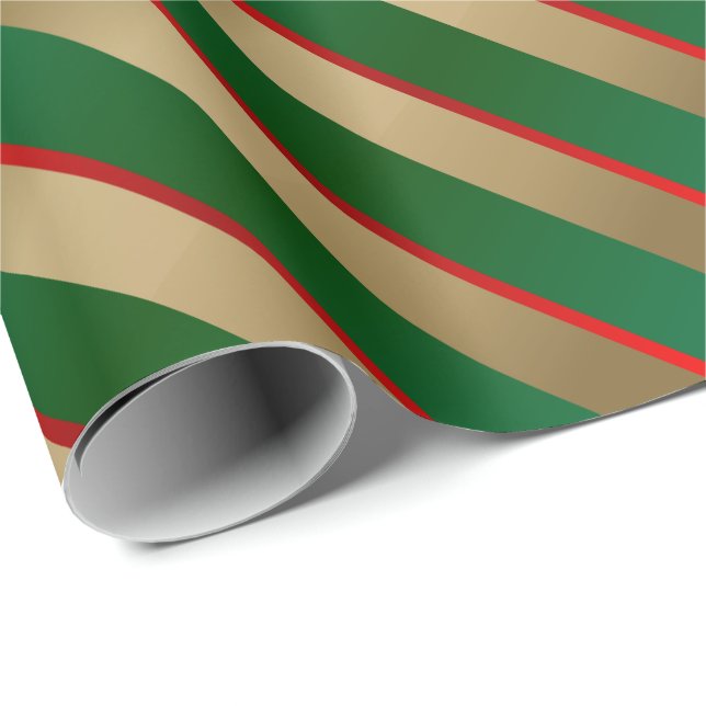 Merry Christmas Gold, Green and Red Stripes Wrapping Paper (Roll Corner)