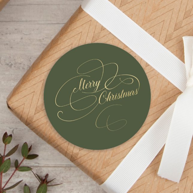 Merry Christmas gold green elegant script Classic Round Sticker (Creator Uploaded)