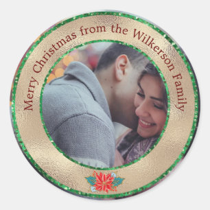 Merry Christmas Gold & Green Glitter Custom Photo Classic Round Sticker