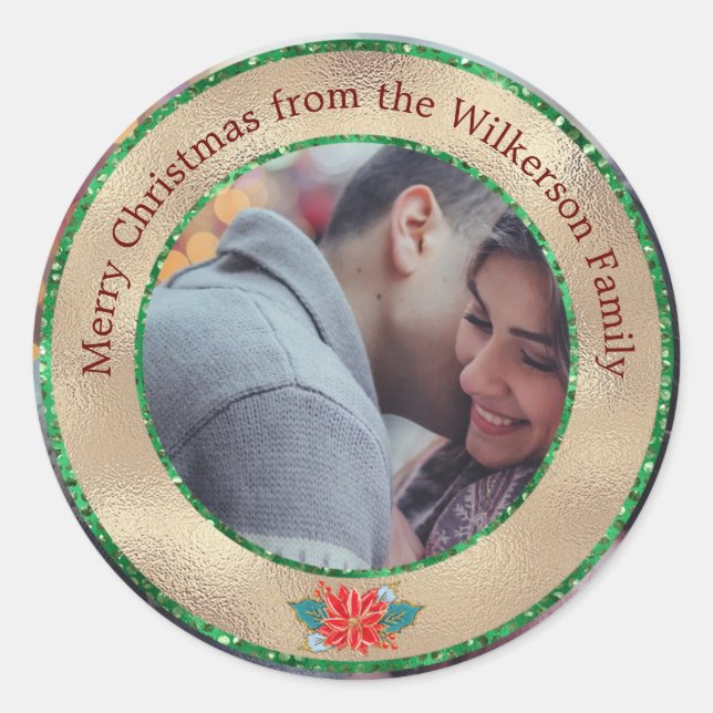 Merry Christmas Gold & Green Glitter Custom Photo Classic Round Sticker (Front)