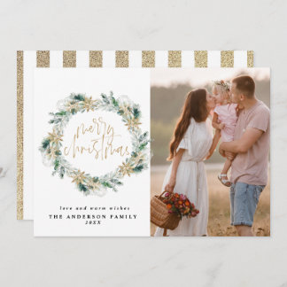 Merry Christmas Gold Greenery Wreath Greeting Card