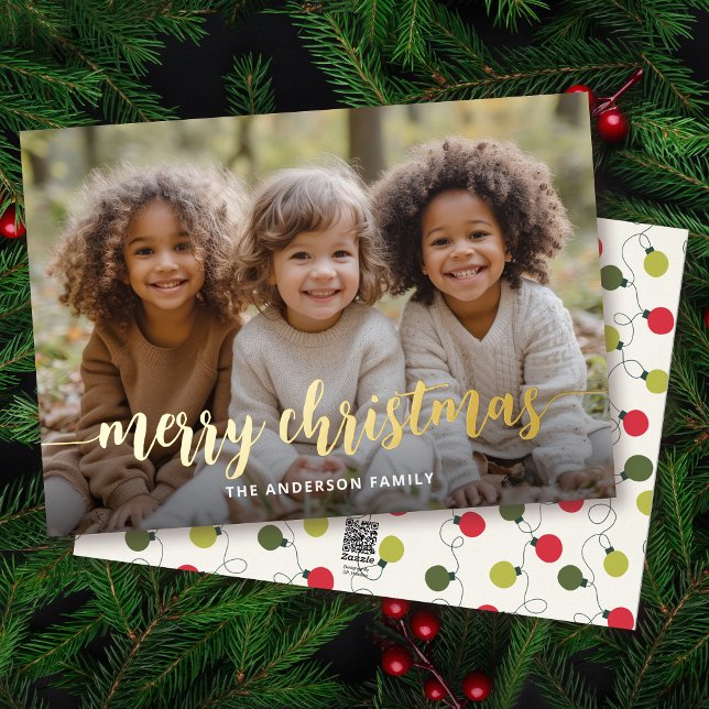 Merry Christmas Gold Hand Lettered Full Photo Foil Holiday Card (Personalize with your photo and family name.)