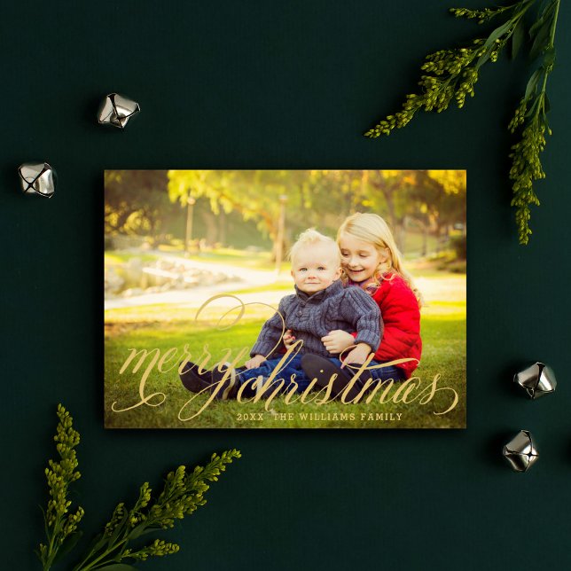 Merry Christmas Gold Handwritten Script Photo Holiday Card (Creator Uploaded)