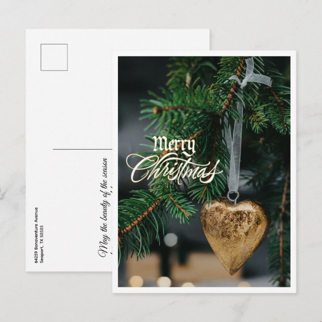 Merry Christmas Gold Heart Tree Ornament Postcard (Front/Back)