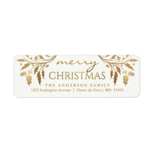 Merry Christmas Gold Holiday Holly Return Address Label