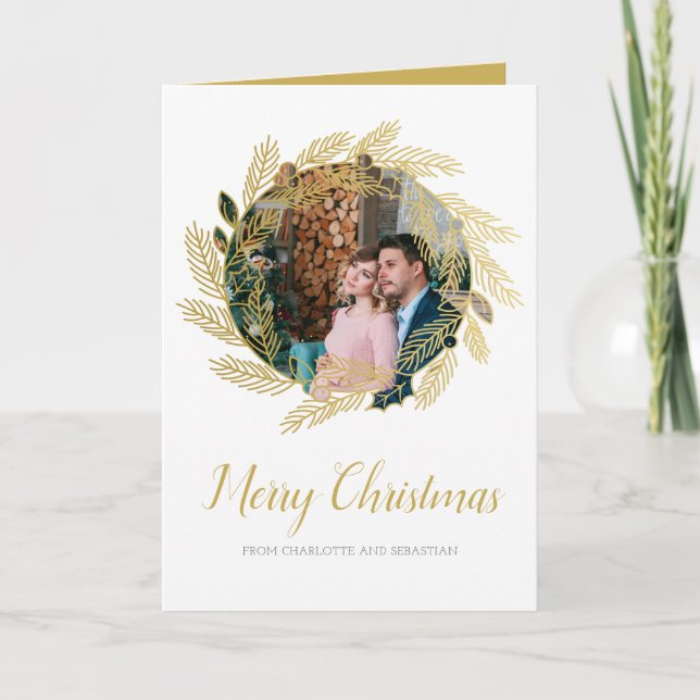 Merry Christmas Gold Holly Berry Wreath Photo Card (Front)