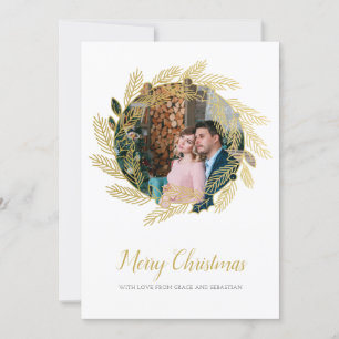 Merry Christmas Gold Holly Berry Wreath Photo Holiday Card