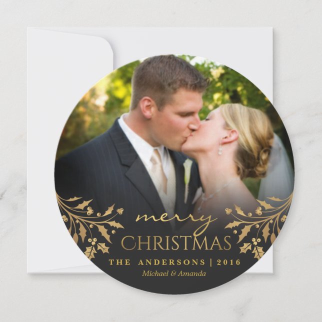 Merry Christmas Gold Holly Round Photo Card (Front)